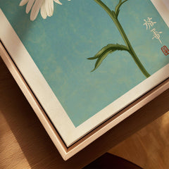 Daisy Art Print – Blue Japanese Botanical Wall Art — closeup framed canvas natural wood floating frame