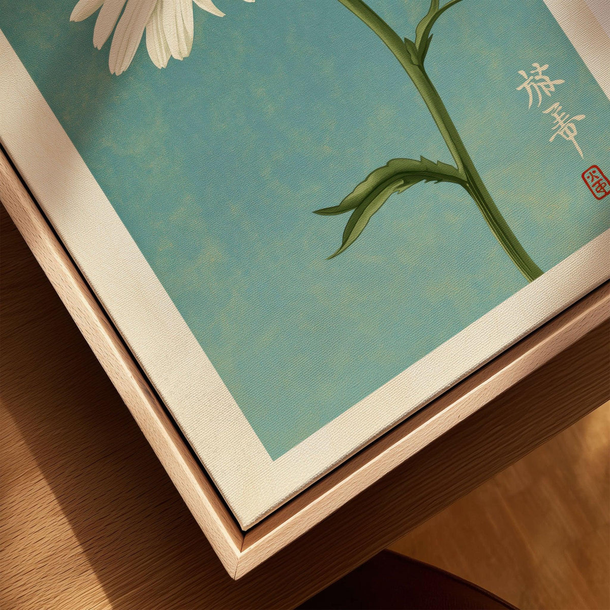 Daisy Art Print – Blue Japanese Botanical Wall Art — closeup framed canvas natural wood floating frame