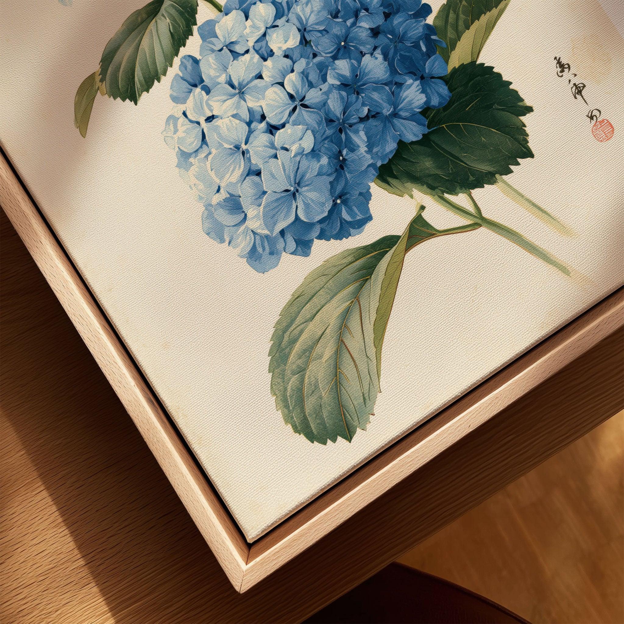 Blue Hydrangea Art Print – Japanese Botanical Wall Art — closeup framed canvas natural wood floating frame