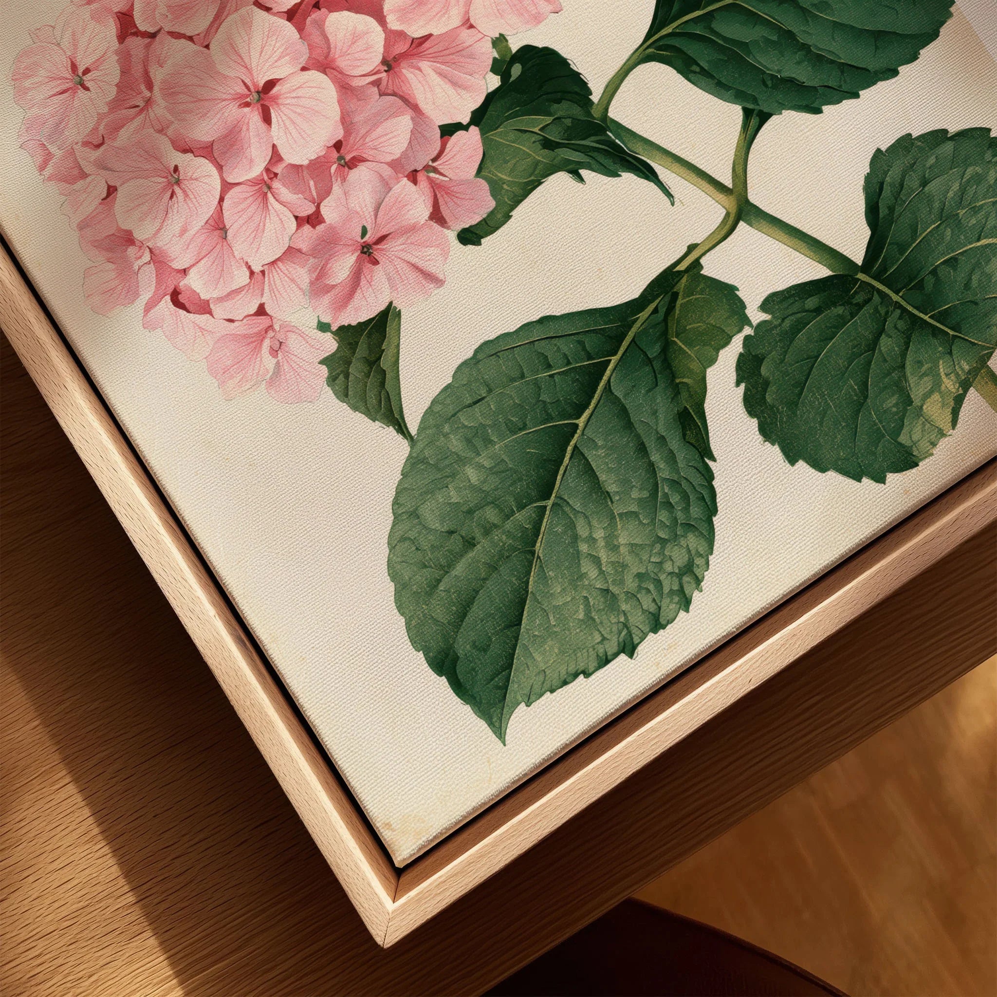 Pink Hydrangea Art Print – Vintage Japanese Botanical Wall Art — closeup framed canvas natural wood floating frame