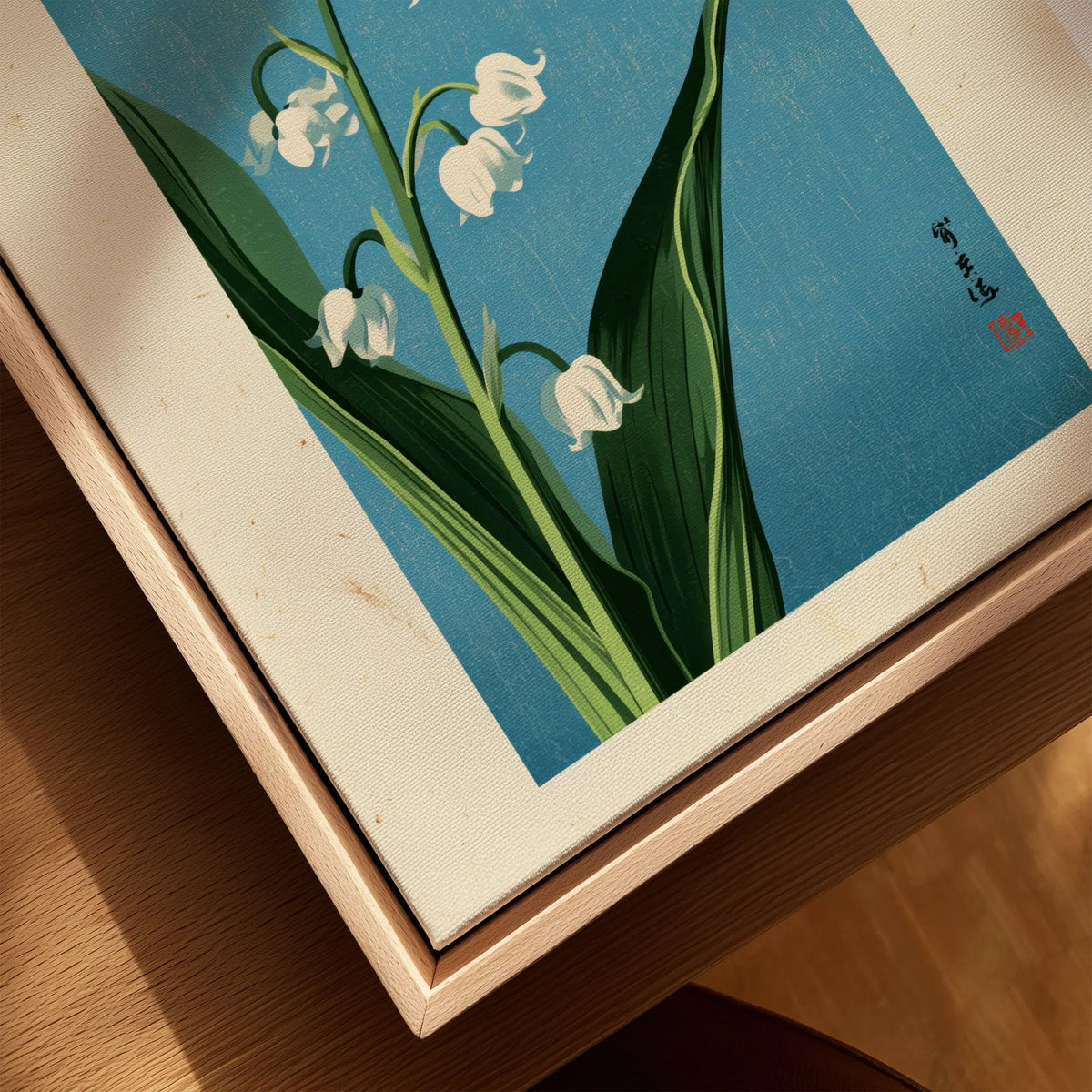 Lily of the Valley Art Print – Blue Japanese Botanical Wall Art — closeup framed canvas natural wood floating frame