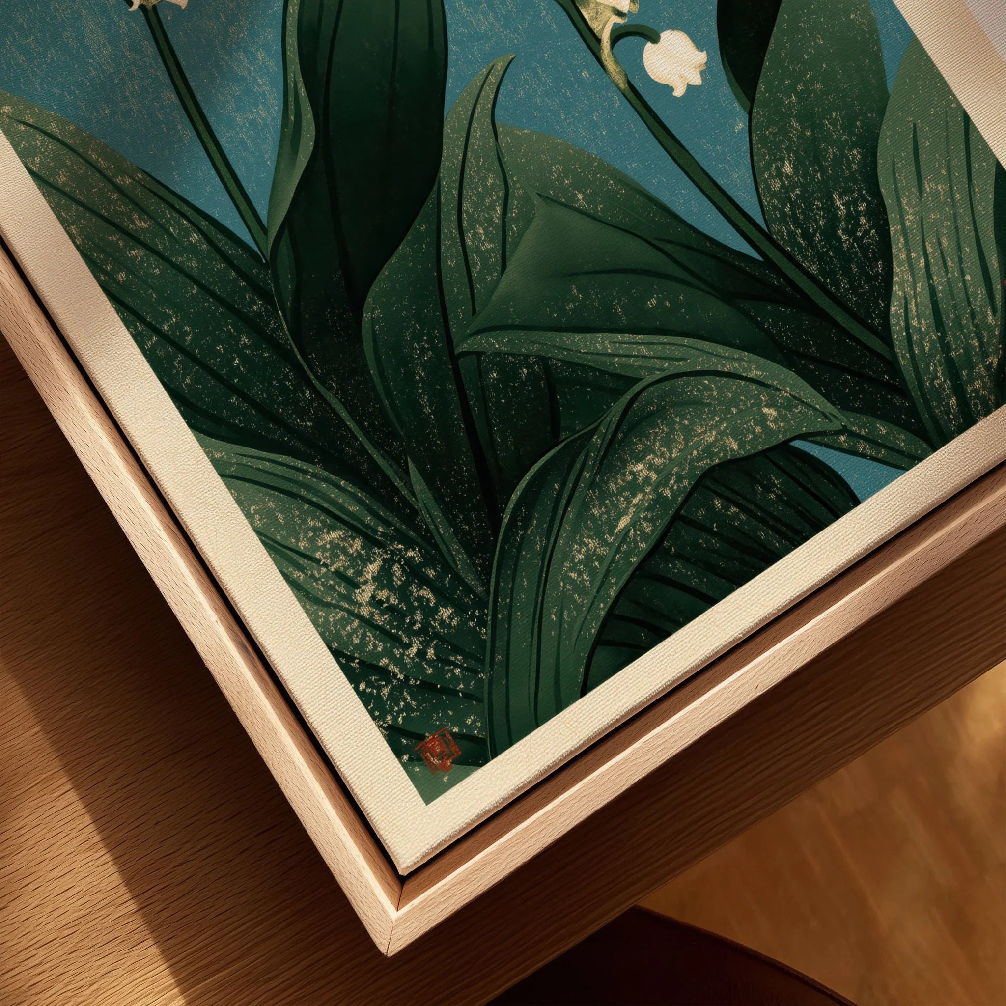 Lily of the Valley Wall Art – Vintage Japanese Botanical Print — closeup framed canvas natural wood floating frame