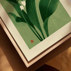 Lily of the Valley Art Print – Green Japanese Botanical Wall Art — closeup framed canvas natural wood floating frame