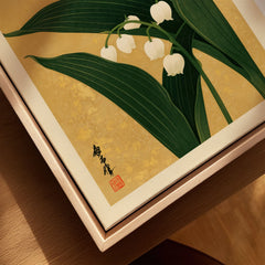 Lily of the Valley Print – Gold Japanese Botanical Wall Art — closeup framed canvas natural wood floating frame