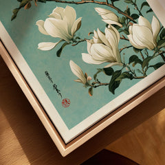 Magnolia Art Print – Blue Japanese Botanical Wall Art — closeup framed canvas natural wood floating frame