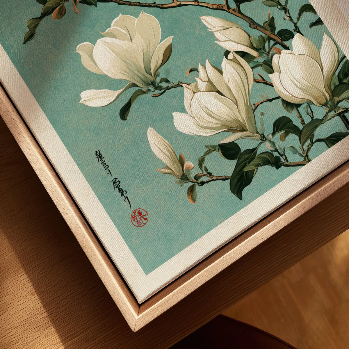 Magnolia Art Print – Blue Japanese Botanical Wall Art — closeup framed canvas natural wood floating frame