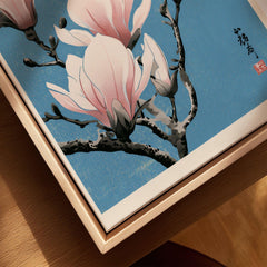 Pink Magnolia Art Print – Blue Japanese Botanical Wall Art — closeup framed canvas natural wood floating frame