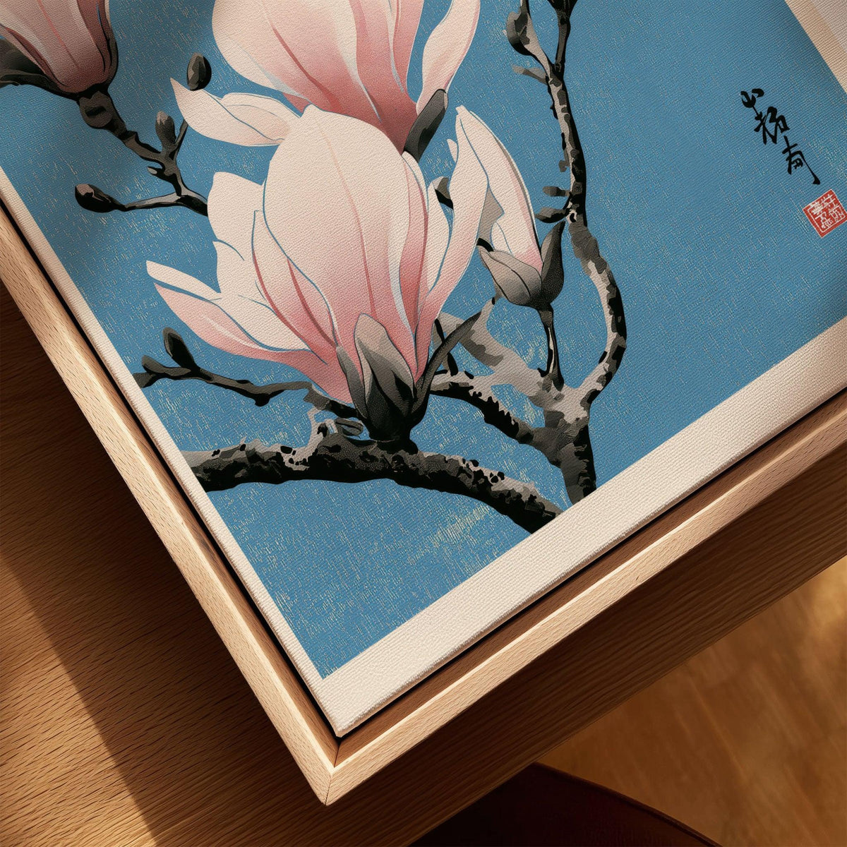 Pink Magnolia Art Print – Blue Japanese Botanical Wall Art — closeup framed canvas natural wood floating frame