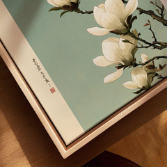 Magnolia Blossom Art Print – Soft Japanese Botanical Wall Art — closeup framed canvas natural wood floating frame