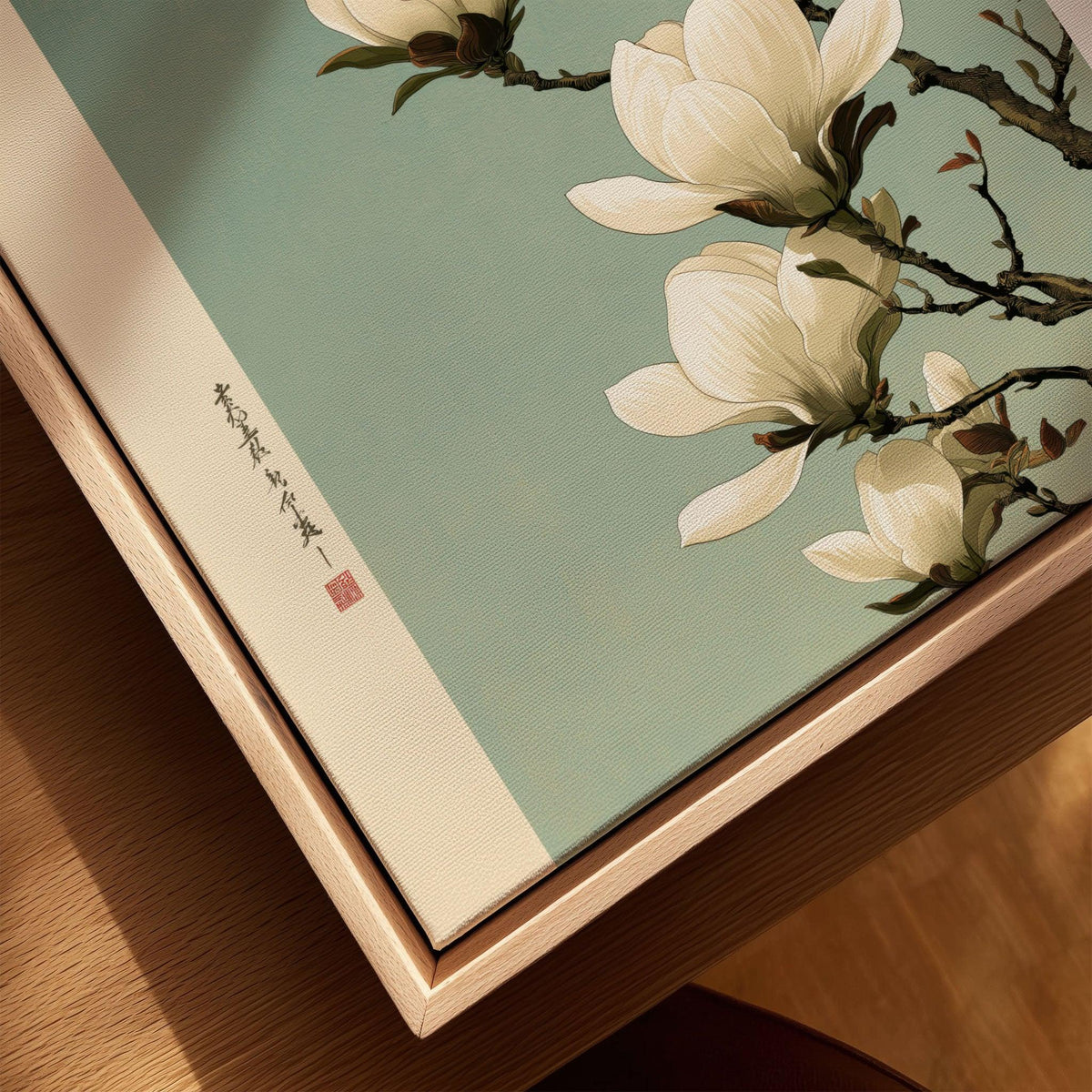 Magnolia Blossom Art Print – Soft Japanese Botanical Wall Art — closeup framed canvas natural wood floating frame
