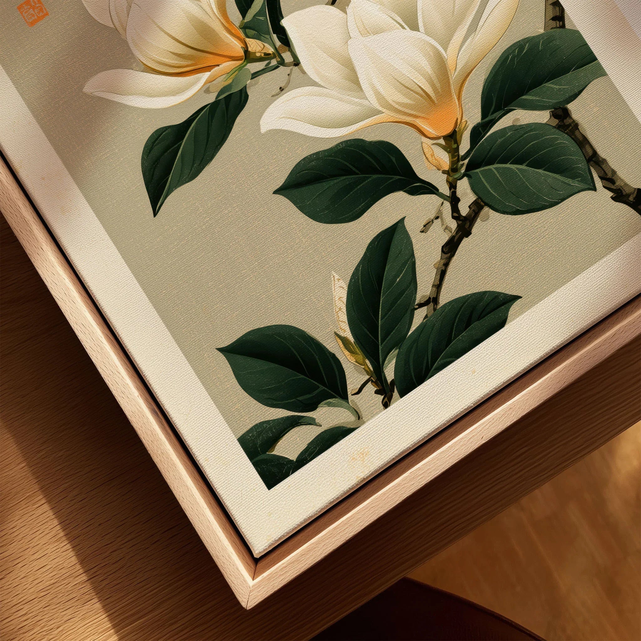 Magnolia Flower Wall Art – Neutral Japanese Botanical Print — closeup framed canvas natural wood floating frame