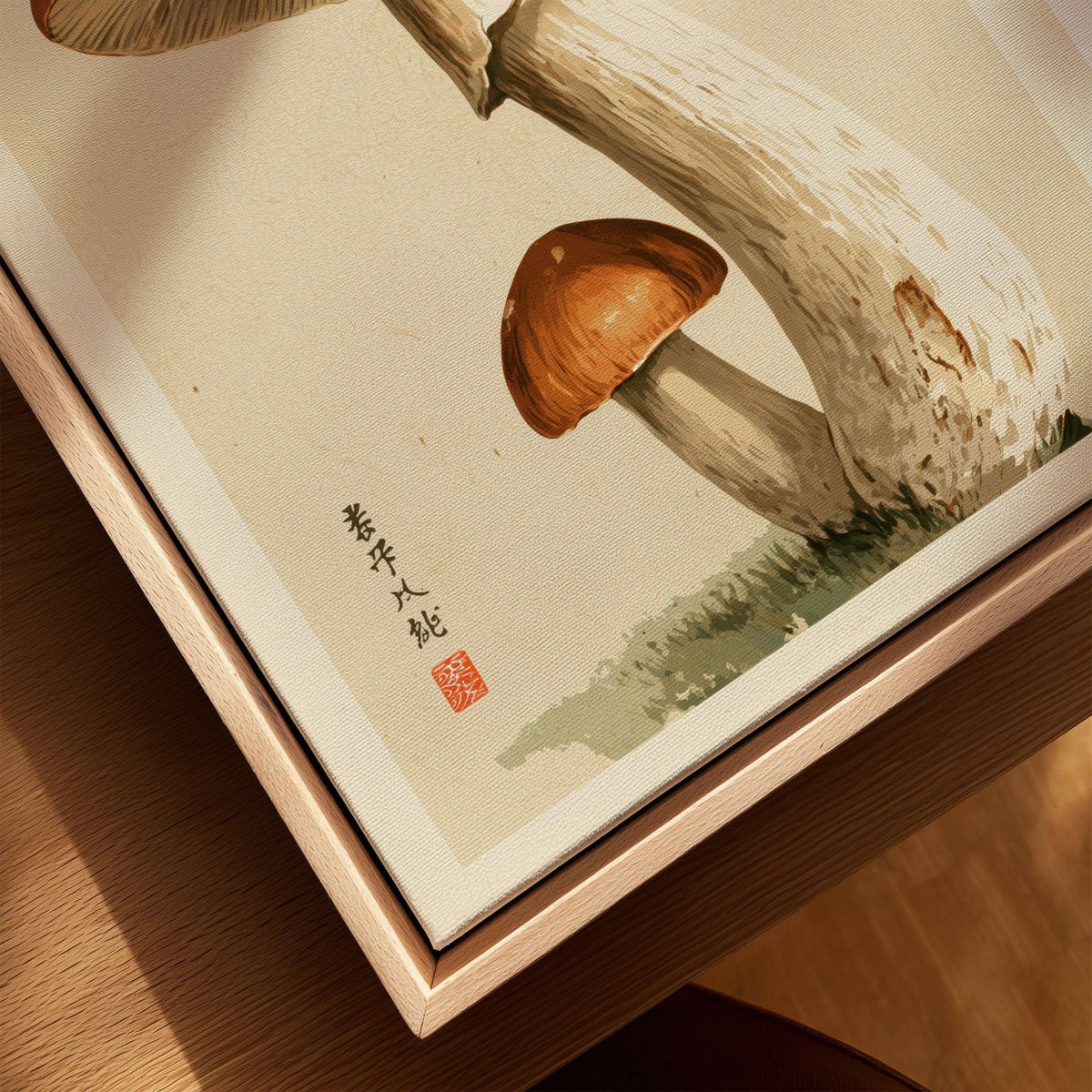Mushroom Wall Art – Vintage Japanese Woodland Print — closeup framed canvas natural wood floating frame