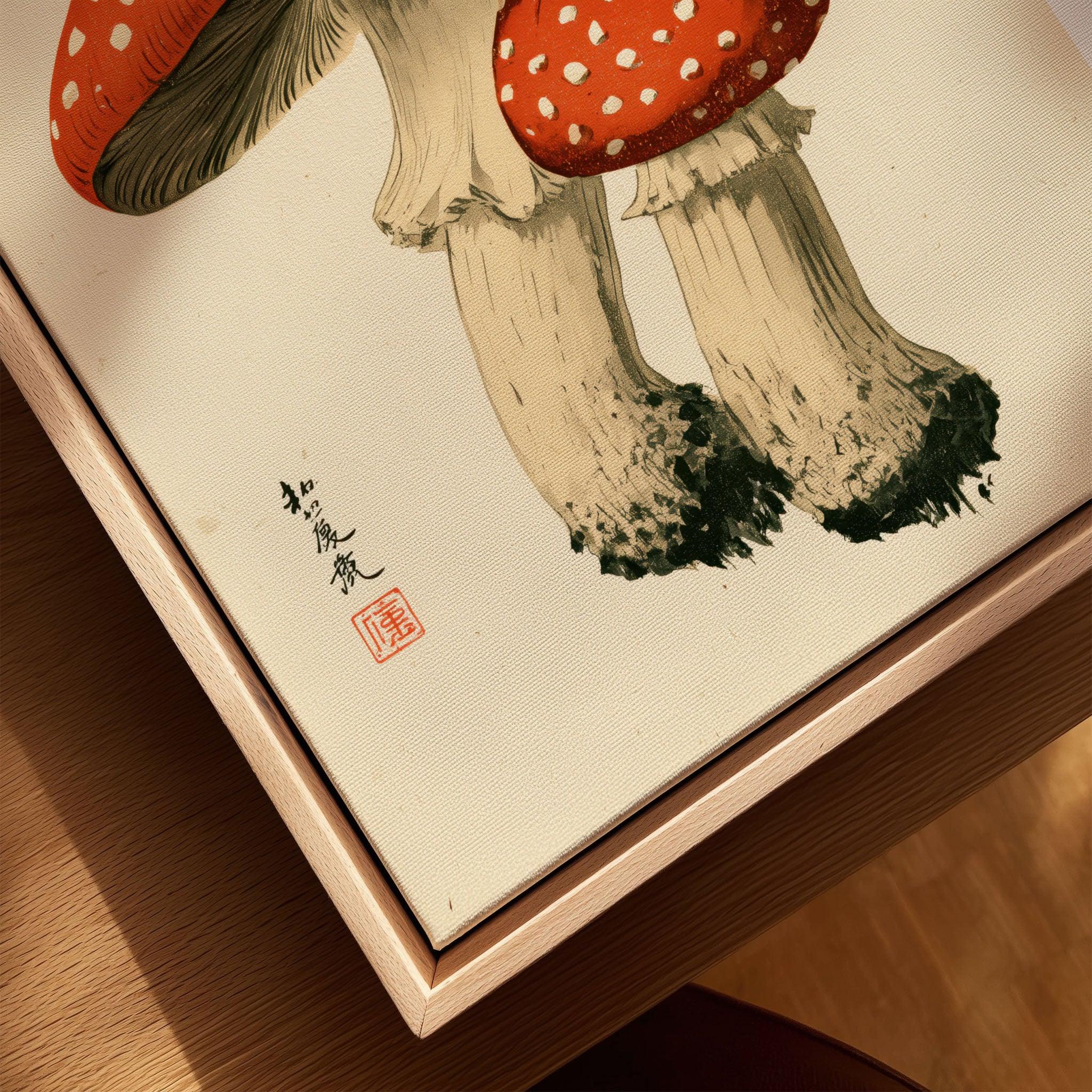 Fly Agaric Mushroom Art Print – Red Japanese Wall Art — closeup framed canvas natural wood floating frame