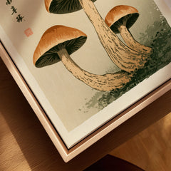 Mushroom Print – Japanese Forest Botanical Wall Art — closeup framed canvas natural wood floating frame