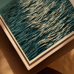 Ocean Sunset Art Print – Japanese Seascape Wall Art — closeup framed canvas natural wood floating frame