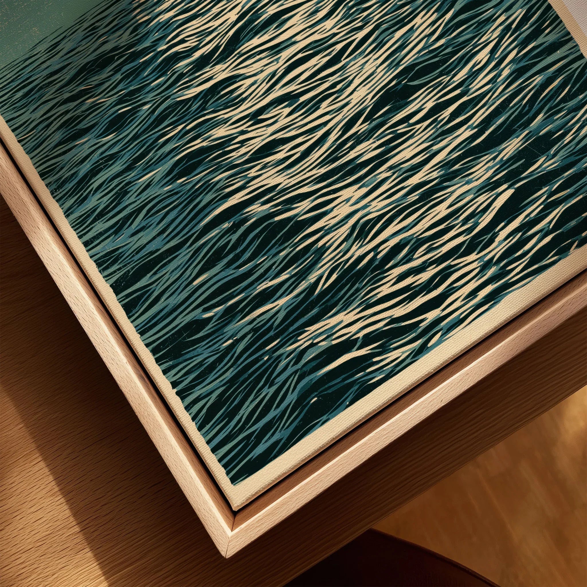 Ocean Sunset Art Print – Japanese Seascape Wall Art — closeup framed canvas natural wood floating frame
