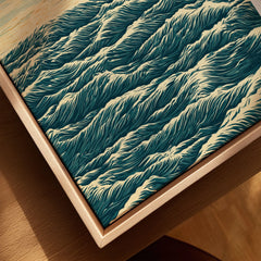 Japanese Ocean Art Print – Vintage Seascape Wall Art — closeup framed canvas natural wood floating frame