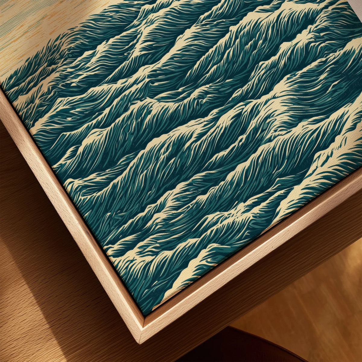 Japanese Ocean Art Print – Vintage Seascape Wall Art — closeup framed canvas natural wood floating frame