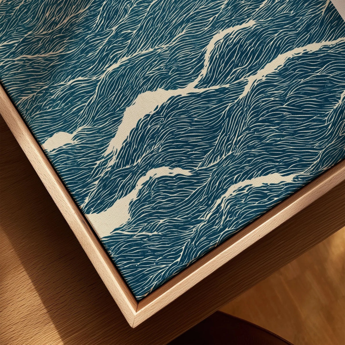 Ocean Waves Art Print – Blue Japanese Seascape Wall Art — closeup framed canvas natural wood floating frame