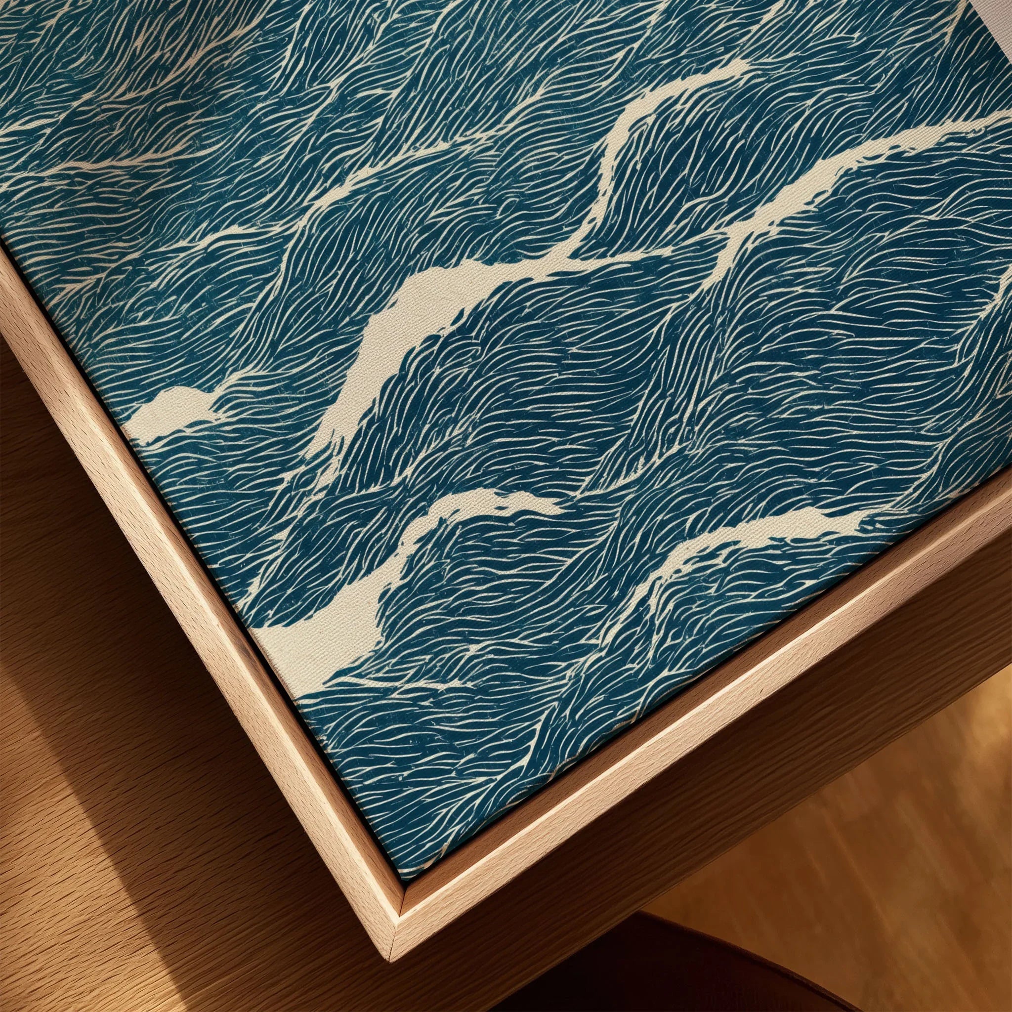 Ocean Waves Art Print – Blue Japanese Seascape Wall Art — closeup framed canvas natural wood floating frame