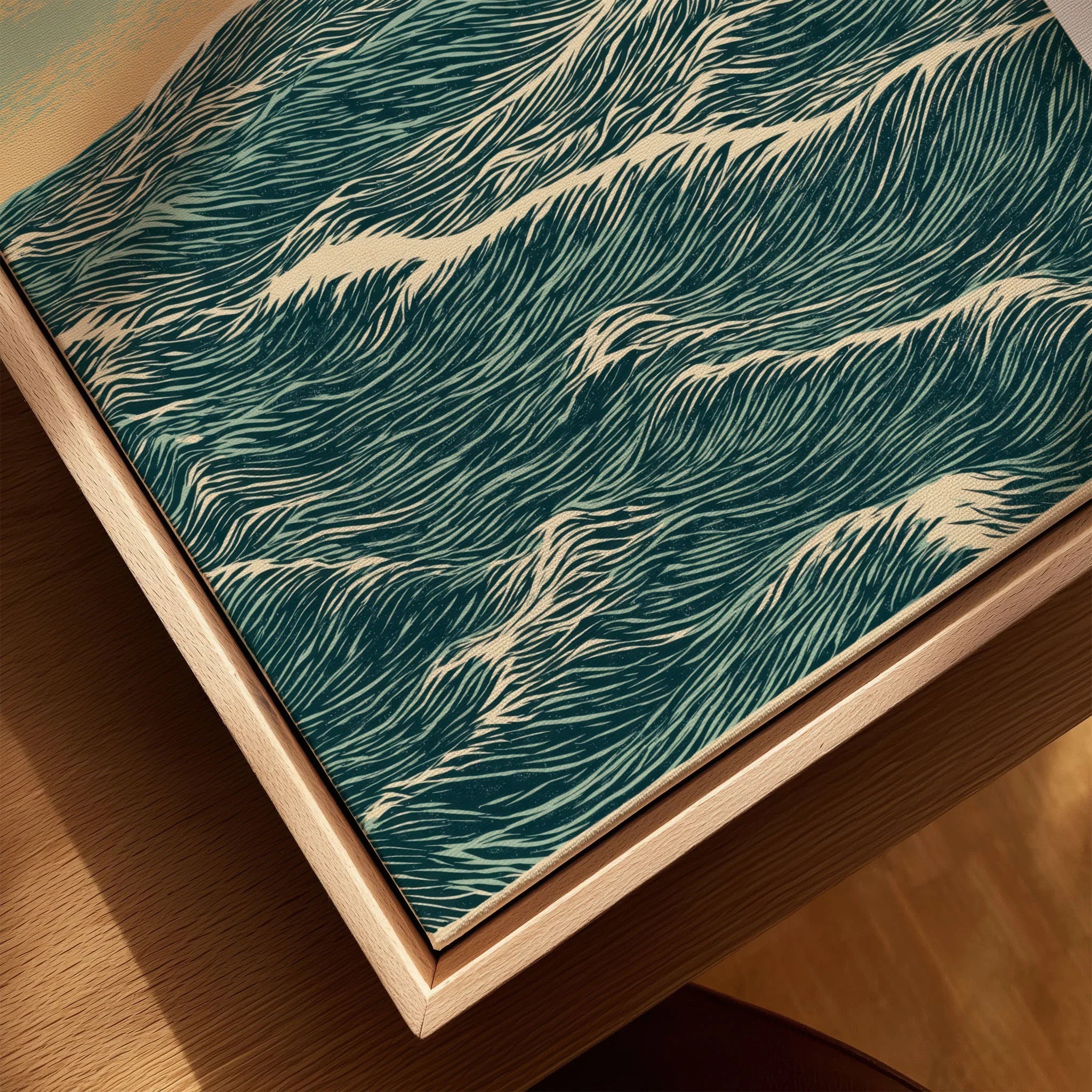 Red Sun Ocean Art Print – Japanese Seascape Wall Art — closeup framed canvas natural wood floating frame