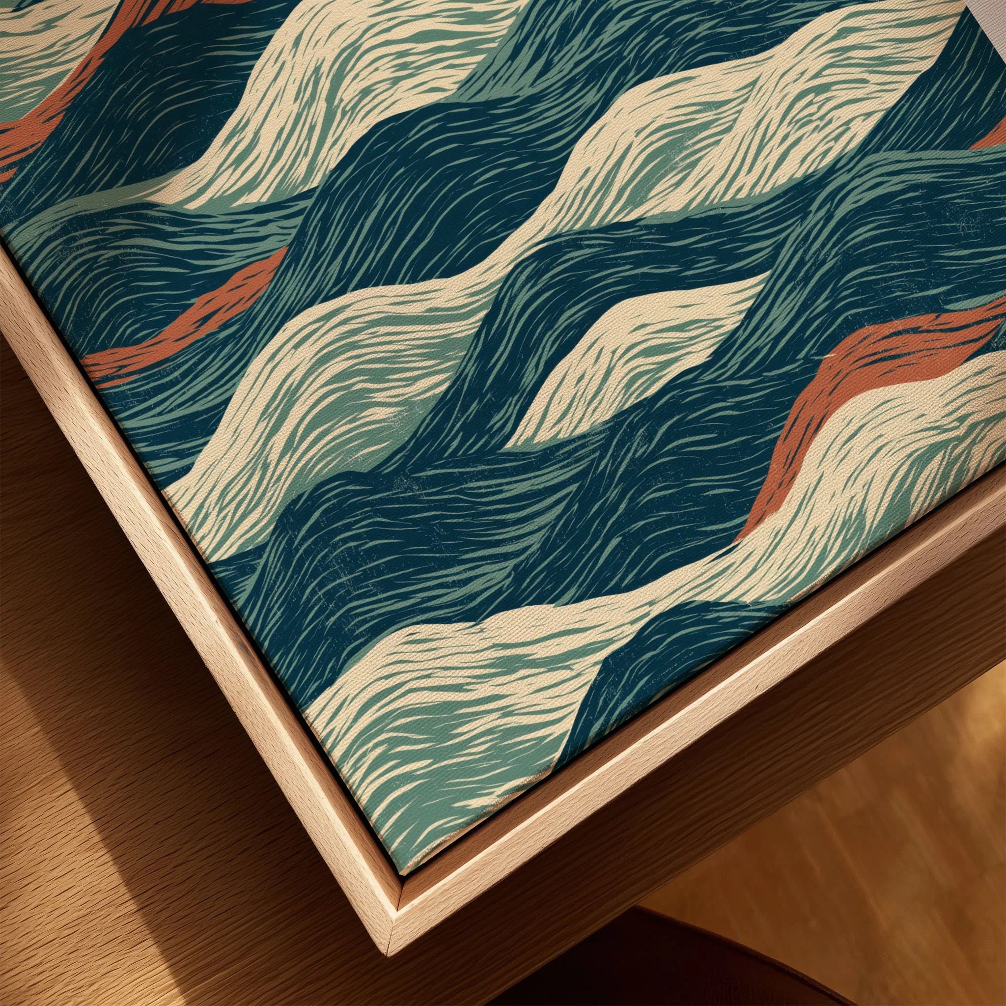 Linocut Style Ocean Art Print – Japanese Wave Pattern Wall Art — closeup framed canvas natural wood floating frame