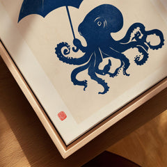 Octopus with Umbrella Art Print – Blue Japanese Wall Art — closeup framed canvas natural wood floating frame