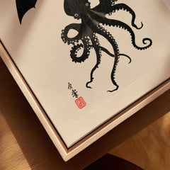 Octopus Umbrella Wall Art – Black Japanese Woodblock Print — closeup framed canvas natural wood floating frame