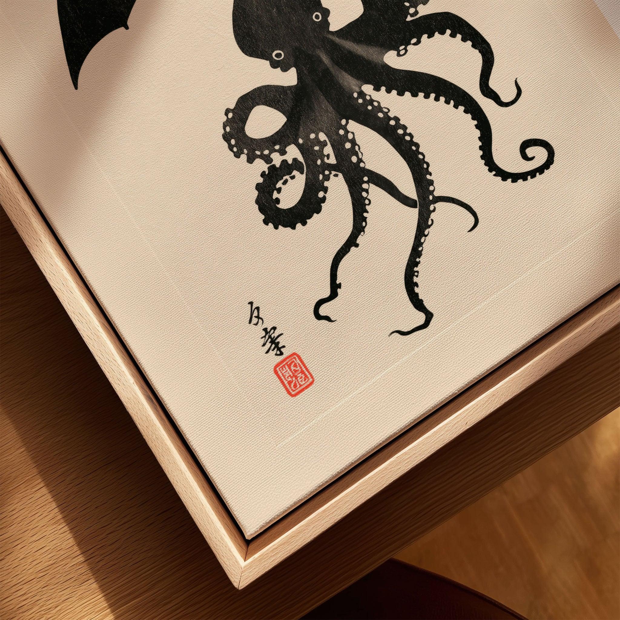 Octopus Umbrella Wall Art – Black Japanese Woodblock Print — closeup framed canvas natural wood floating frame