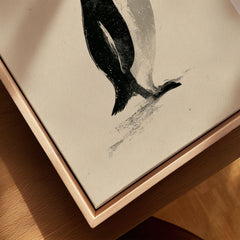 Penguin Art Print – Japanese Ink Wall Art — closeup framed canvas natural wood floating frame