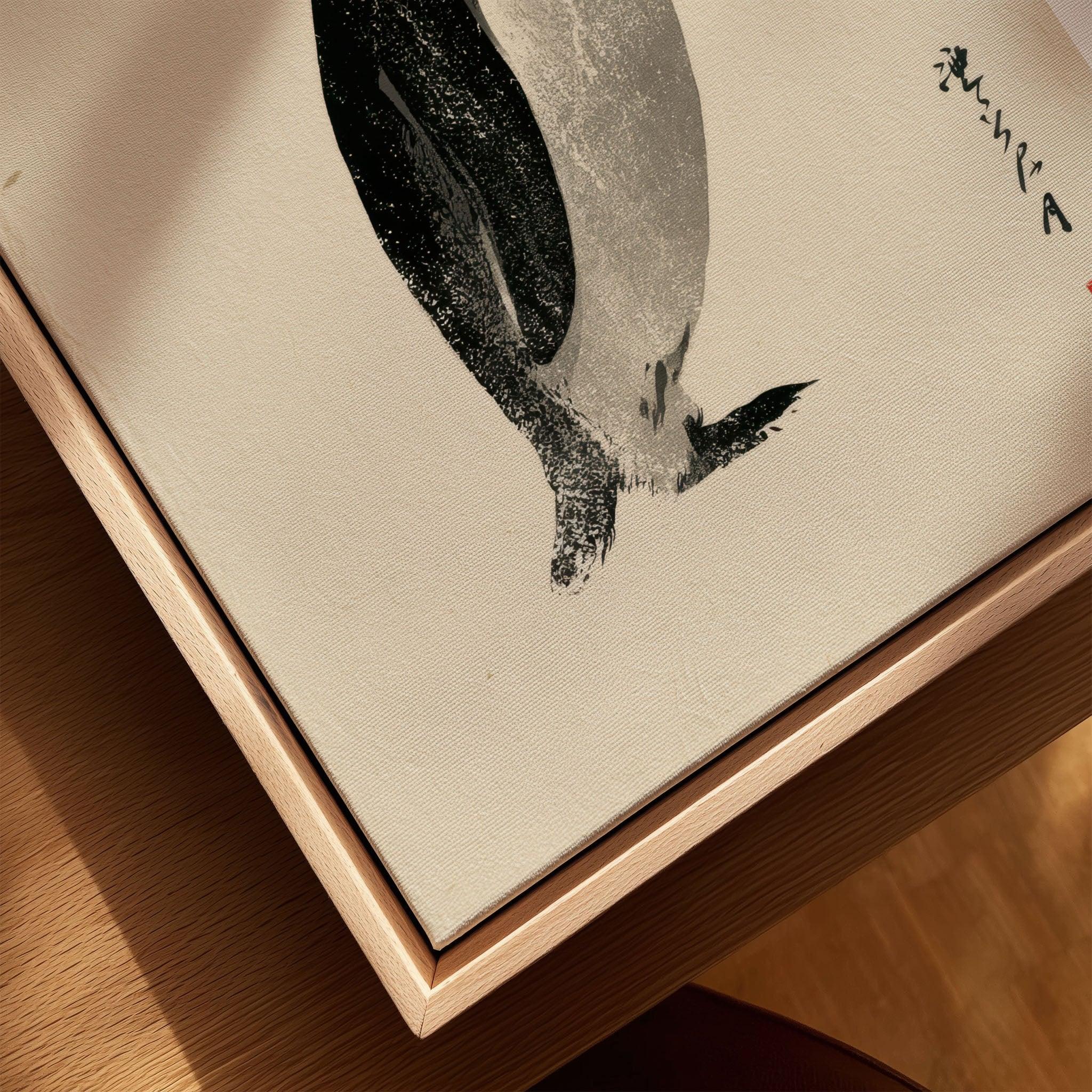 Emperor Penguin Wall Art – Vintage Japanese Ink Print — closeup framed canvas natural wood floating frame