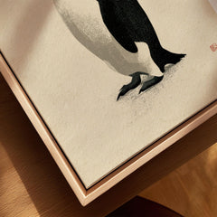 Penguin Wall Art – Minimalist Japanese Ink Art Print — closeup framed canvas natural wood floating frame