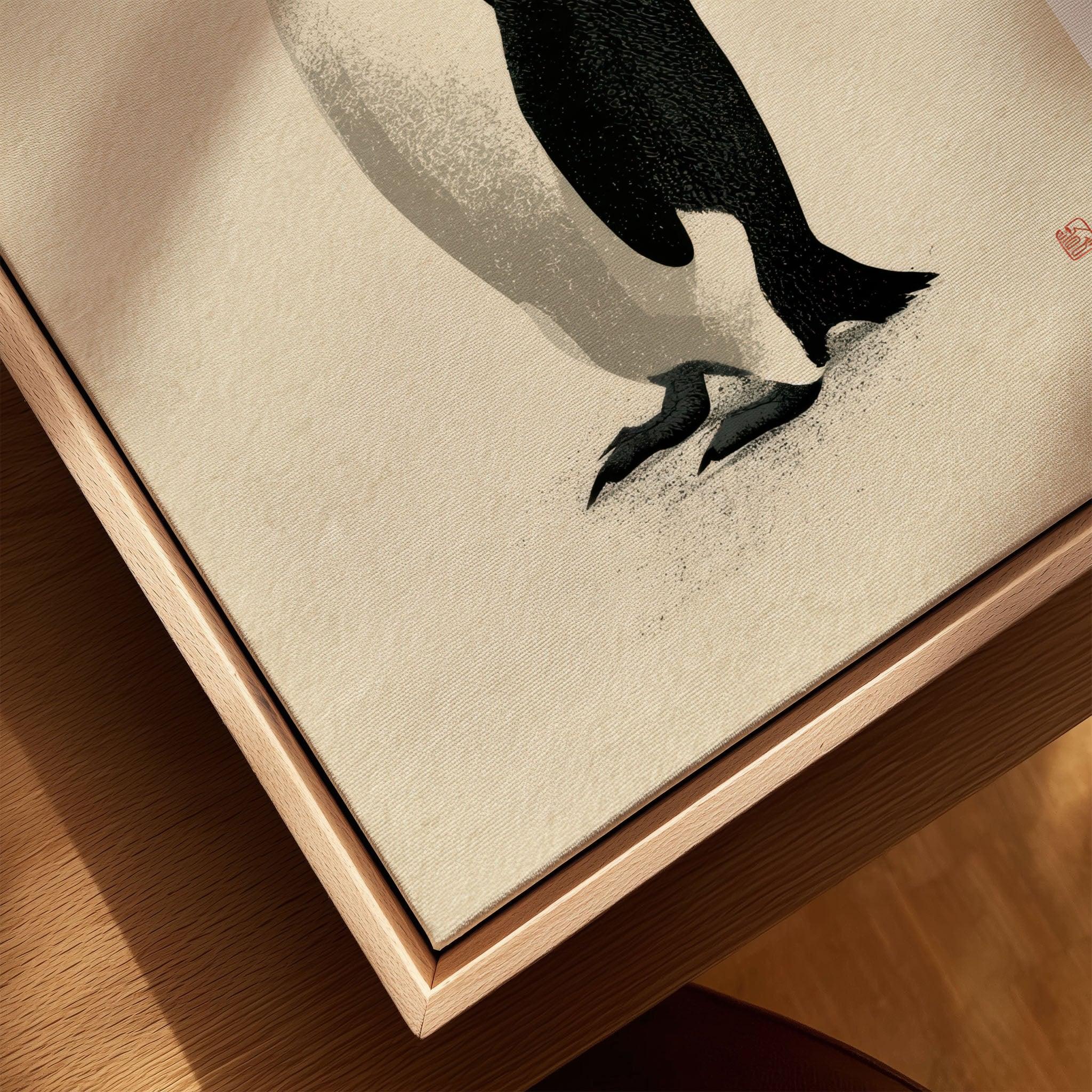 Penguin Wall Art – Minimalist Japanese Ink Art Print — closeup framed canvas natural wood floating frame