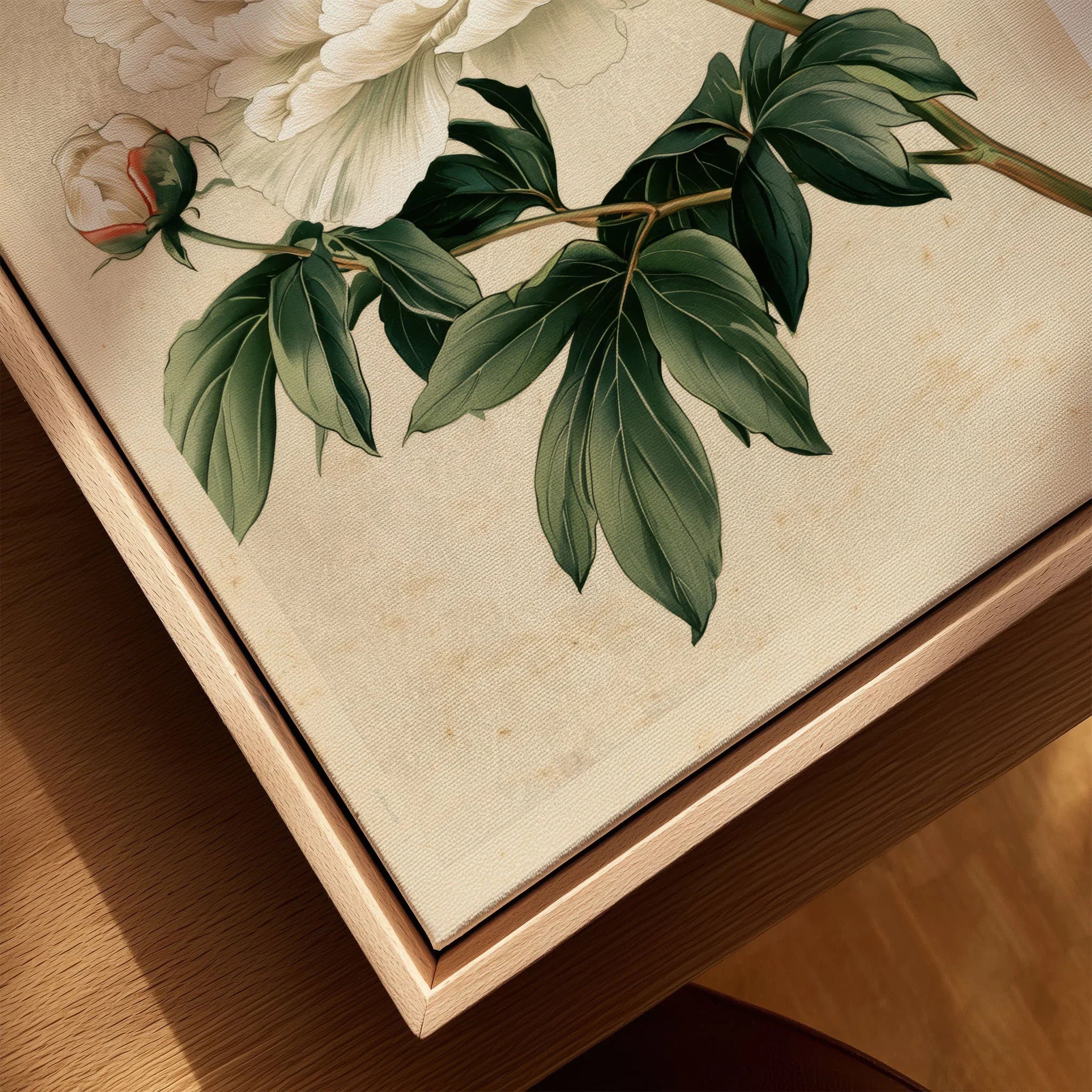White Peony Art Print – Vintage Japanese Botanical Wall Art — closeup framed canvas natural wood floating frame