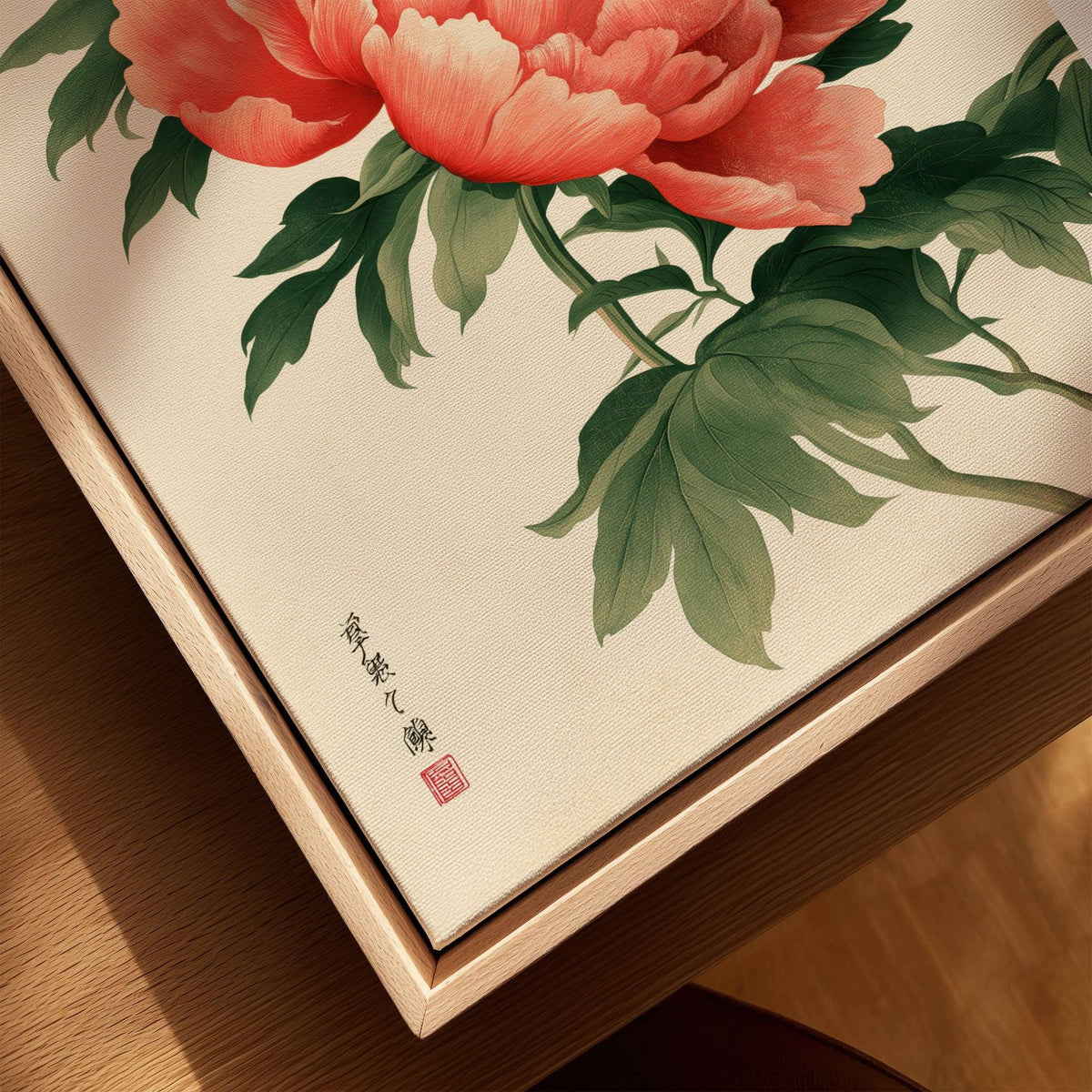 Coral Peony Art Print – Japanese Botanical Wall Art — closeup framed canvas natural wood floating frame