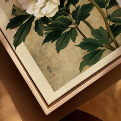 Peony Wall Art – Vintage Japanese Flower Print — closeup framed canvas natural wood floating frame