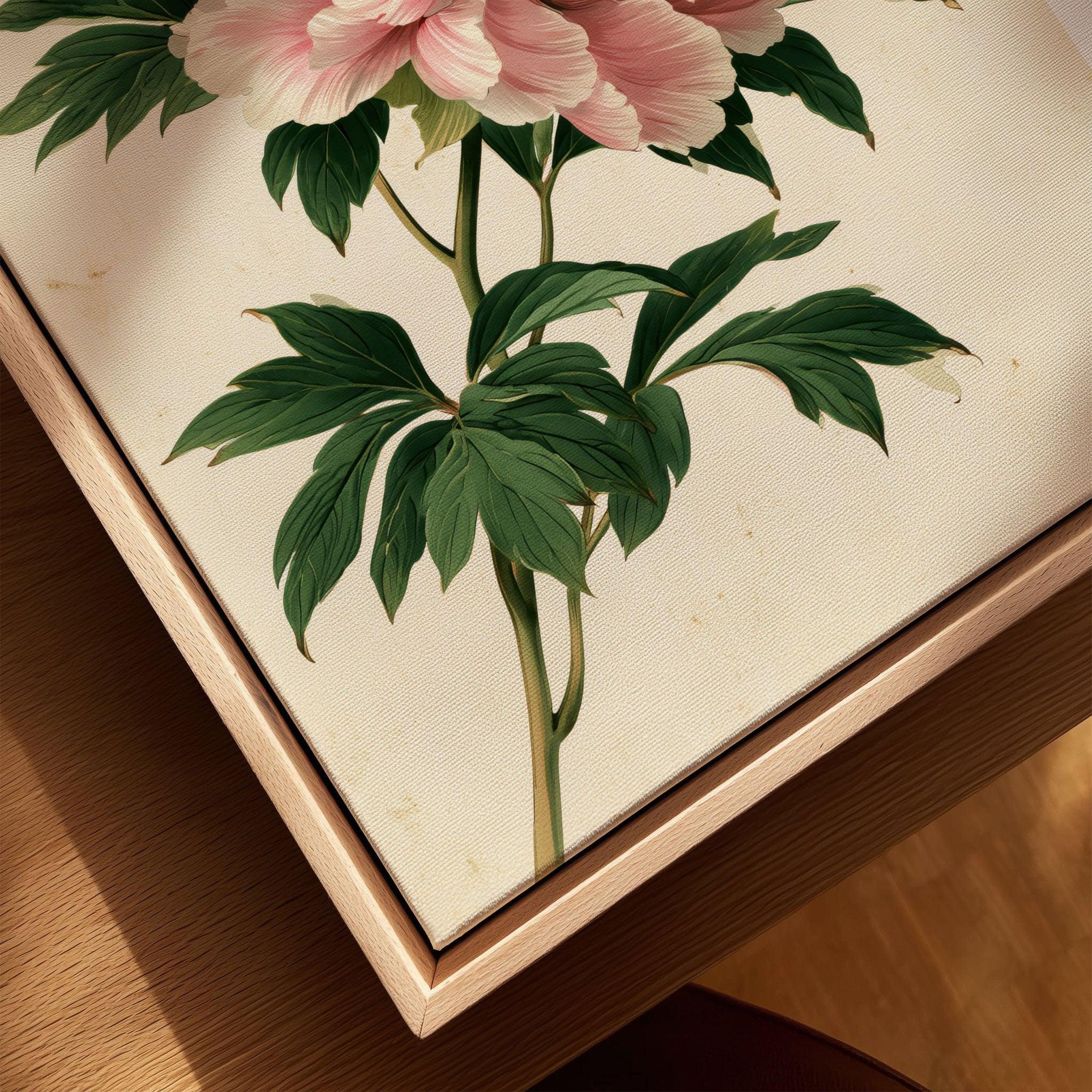 Pink Peony Art Print – Japanese Botanical Wall Art — closeup framed canvas natural wood floating frame