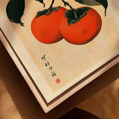 Persimmon Art Print – Japanese Botanical Kitchen Wall Art — closeup framed canvas natural wood floating frame