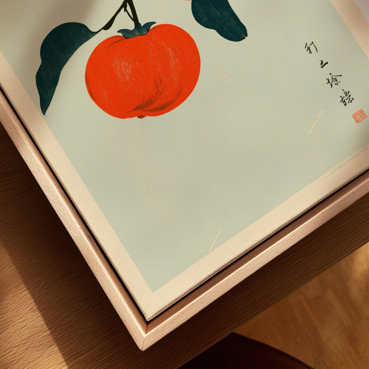 Persimmon Wall Art – Vintage Japanese Fruit Print — closeup framed canvas natural wood floating frame