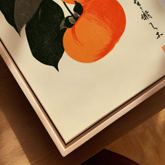 Japanese Persimmon Art Print – Vintage Fruit Wall Art — closeup framed canvas natural wood floating frame