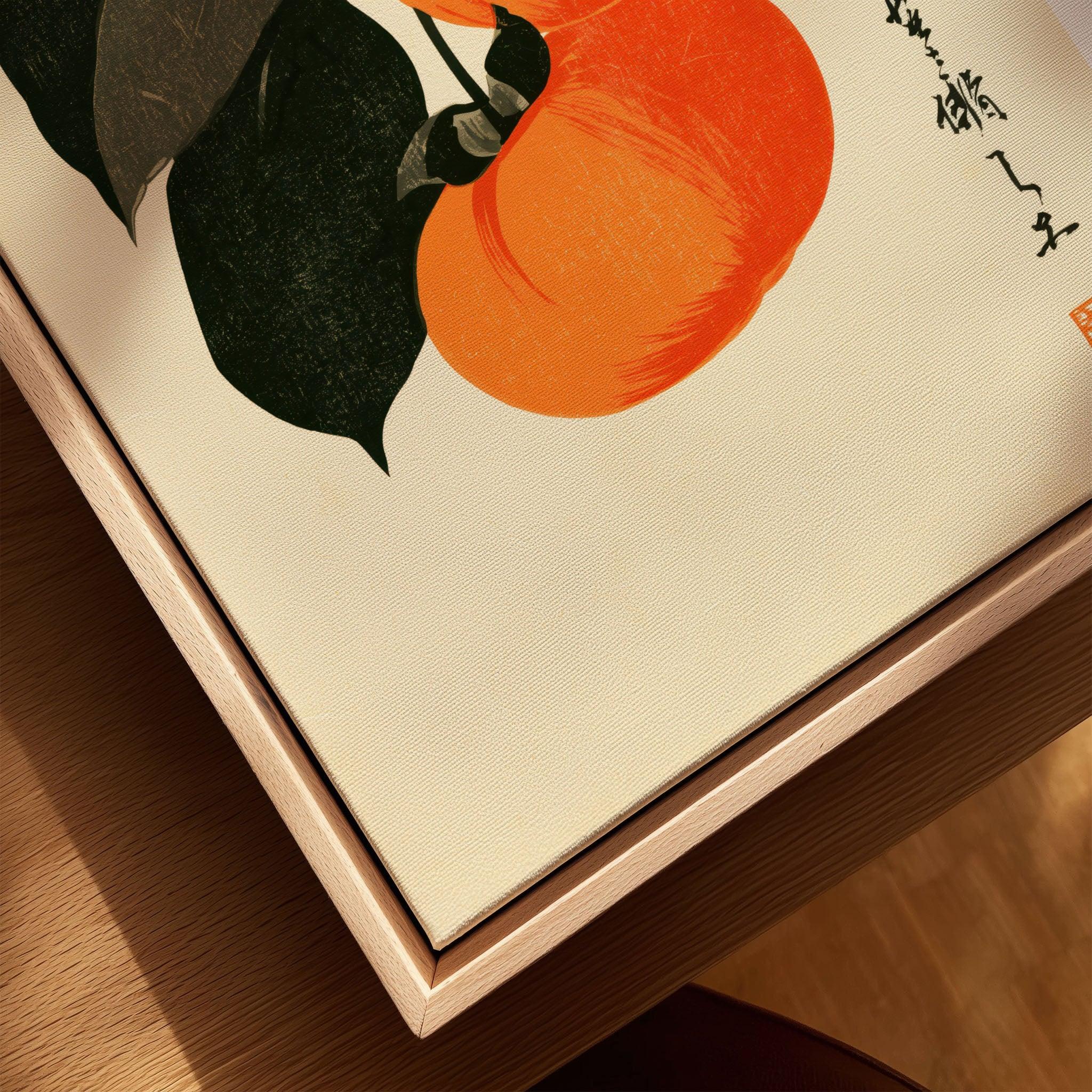 Japanese Persimmon Art Print – Vintage Fruit Wall Art — closeup framed canvas natural wood floating frame