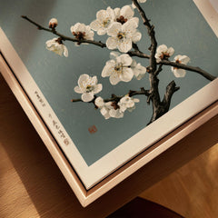 White Plum Blossom Art Print – Japanese Botanical Wall Art — closeup framed canvas natural wood floating frame