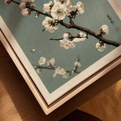 Plum Blossom Wall Art – Vintage Japanese Botanical Print — closeup framed canvas natural wood floating frame