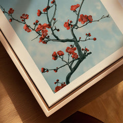 Red Plum Blossom Art Print – Blue Japanese Wall Art — closeup framed canvas natural wood floating frame