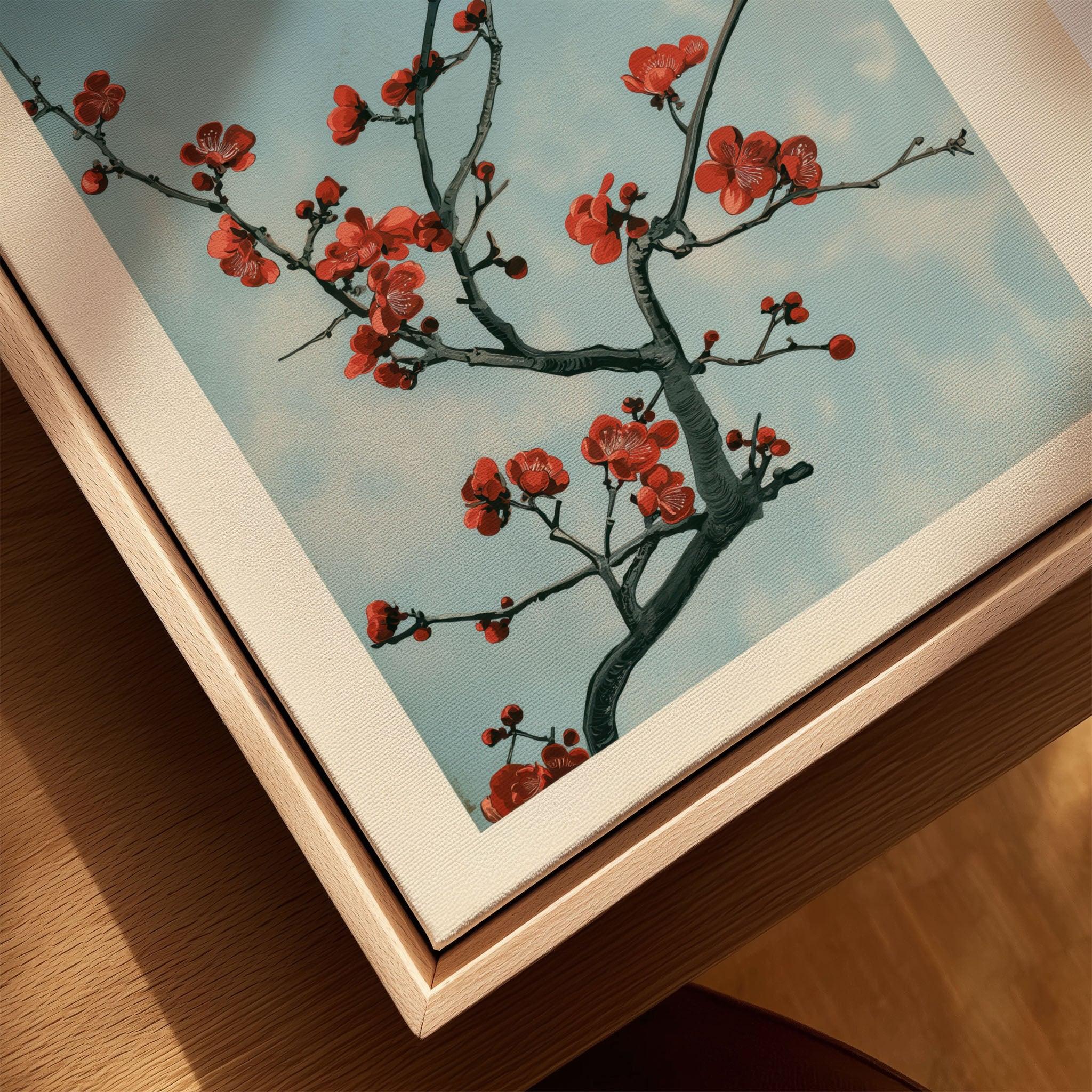 Red Plum Blossom Art Print – Blue Japanese Wall Art — closeup framed canvas natural wood floating frame