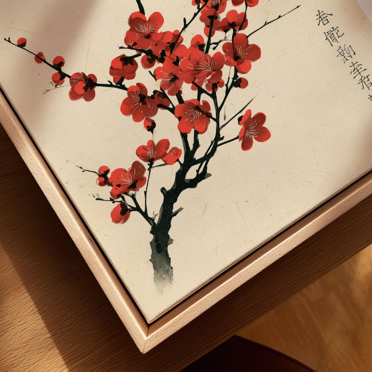 Red Blossom Art Print – Vintage Japanese Plum Wall Art — closeup framed canvas natural wood floating frame
