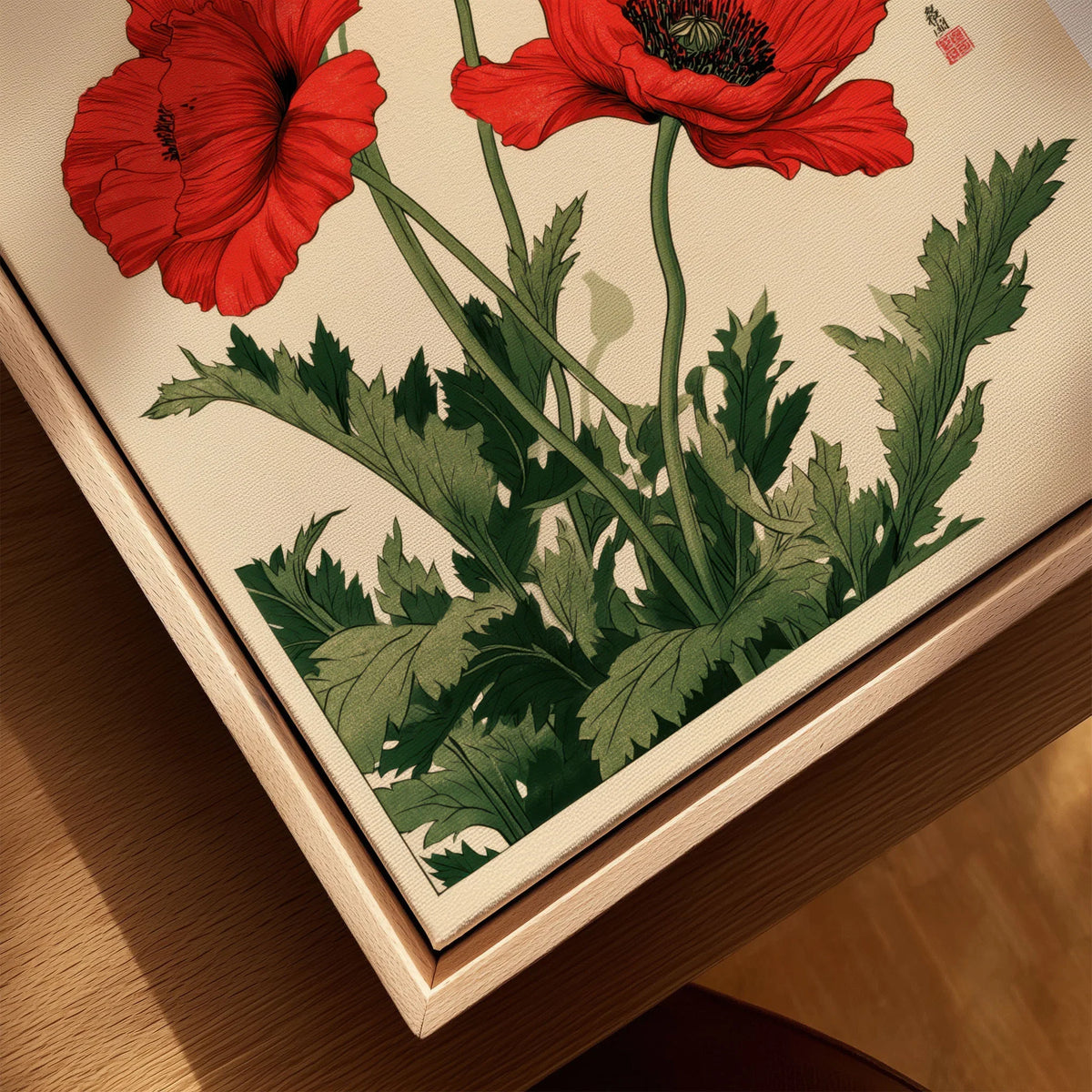 Red Poppy Art Print – Japanese Botanical Wall Art — closeup framed canvas natural wood floating frame