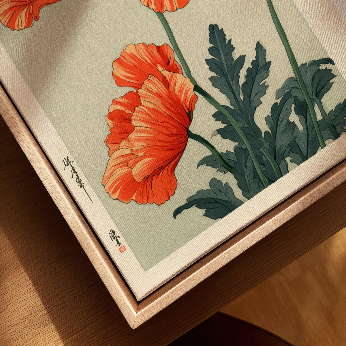 Orange Poppy Art Print – Vintage Japanese Floral Wall Art — closeup framed canvas natural wood floating frame
