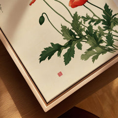 Poppy Wall Art – Vintage Japanese Botanical Print — closeup framed canvas natural wood floating frame
