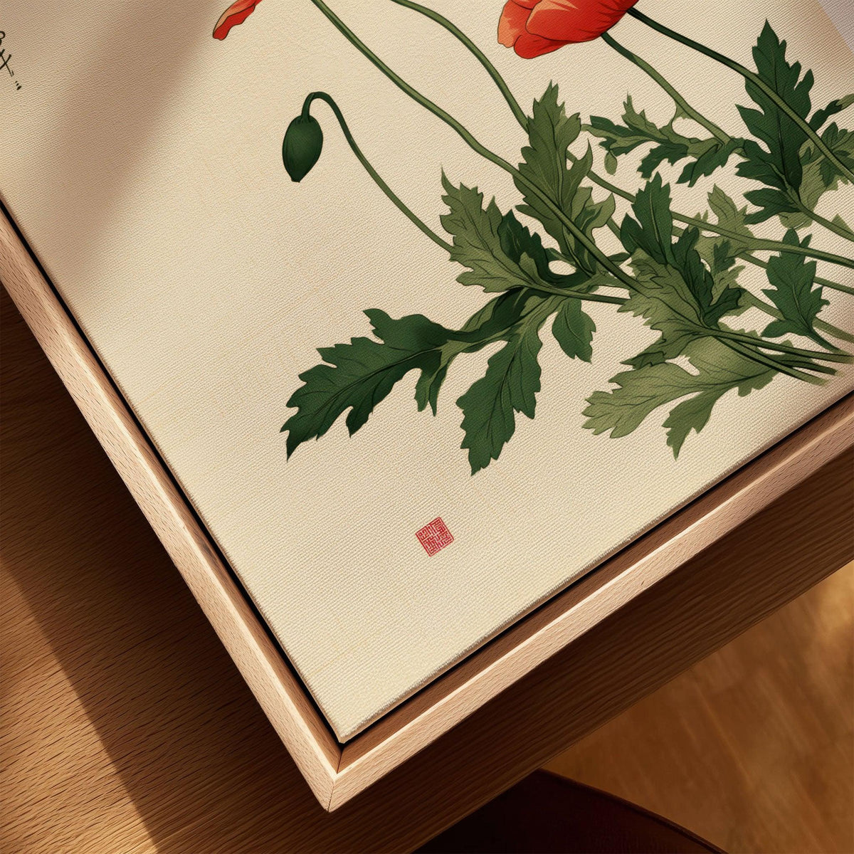Poppy Wall Art – Vintage Japanese Botanical Print — closeup framed canvas natural wood floating frame